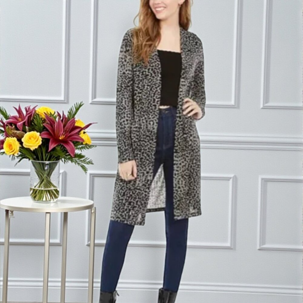 BCX Open Front Leopard Duster Cardigan Sweater